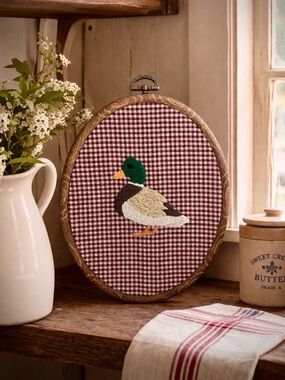 Embroidered Mallard Duck Hoop Art on Burgundy Gingham